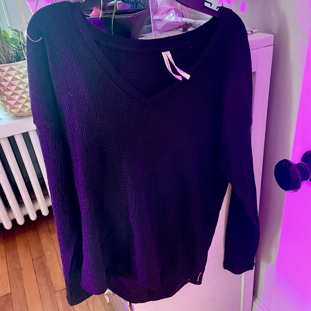 Anthropologie Textured Black V Neck Blouse